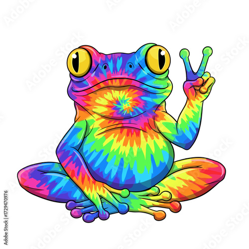 psychedelic frog, tie dye frog, rainbow frog, neon frog, peace frog, hippie frog, trippy frog, colorful frog, frog with peace sign, groovy frog, 70s frog, festival frog, frog art psychedelic, yoga fro