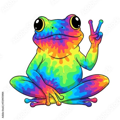 psychedelic frog, tie dye frog, rainbow frog, neon frog, peace frog, hippie frog, trippy frog, colorful frog, frog with peace sign, groovy frog, 70s frog, festival frog, frog art psychedelic, yoga fro