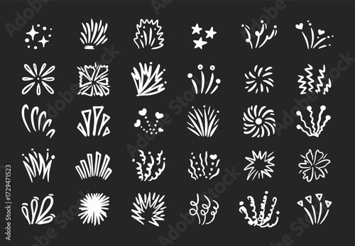 Fireworks, sparkles, doodle bursts. Festive hand drawn vector set of star icons, explosion elements, and celebration shapes. Unique design with fireworks, spark lines, glowing stars, and abstract