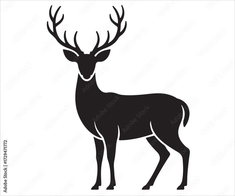 Fototapeta premium Deer silhouette vector illustration, majestic stag with large antlers standing in side view, black and white wildlife design isolated on white background for nature, hunting, and forest artwork