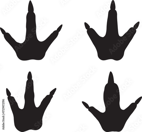 Four black dinosaur footprints in silhouette isolated on white background