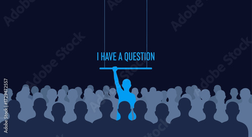 A person stands out from the crowd raising their hand to ask a question in a presentation or meeting setting