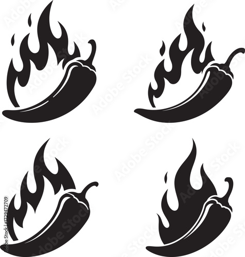 Four black chili peppers with flames in silhouette style isolated on white background