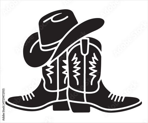 Cowboy hat and boots silhouette vector illustration, western style accessories in black and white design symbolizing rodeo, ranch, country culture, and traditional American cowboy lifestyle artwork