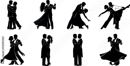 Elegant ballroom dancing silhouette set featuring romantic couples in formal attire performing classic dance poses for tango, waltz, and foxtrot.