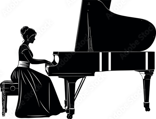 Elegant woman playing grand piano in silhouette style, classical music performance scene, black and white vector illustration for design