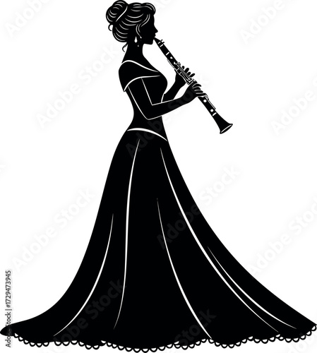 Elegant woman silhouette playing clarinet in formal gown, classical music performance, artistic vector for concert, orchestra, and cultural themes