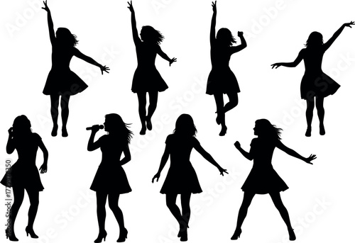 Female singer and dancer silhouettes performing on stage in stylish dresses and heels, music concert vector for entertainment design