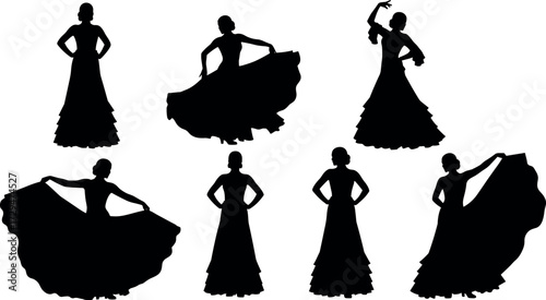 Flamenco dancer silhouette set in dramatic poses with ruffled dress, Spanish traditional dance vector for culture, fashion, and performance themes.