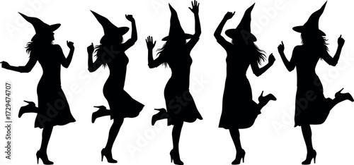 Halloween witch silhouette dancing pose, spooky costume character, festive celebration vector, magical hat girl, holiday party design element