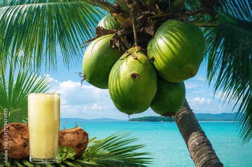 Cluster of ripe coconuts ha...