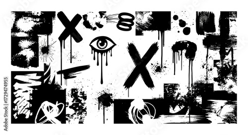 Abstract Graffiti Art Elements Collection for Urban Design and Creative Projects Featuring Drips Splatters Brush Strokes and Bold Symbols