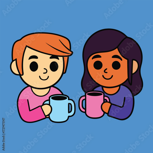 Two adorable cartoon children with different skin tones holding mugs of hot beverages smiling happily together on a vibrant blue background conveying friendship and warmth