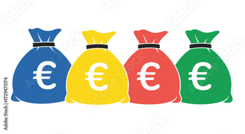 Illustrative depiction of colorful money bags each adorned with a Euro currency symbol symbolizing financial wealth and economic prosperity