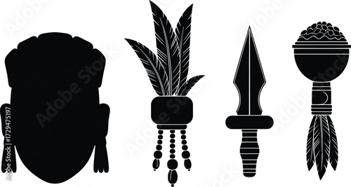 Ancient tribal silhouette illustration, cultural artifact symbols, indigenous head profile, ceremonial dagger, ritual rattle, decorative plant ornament, ethnic heritage design