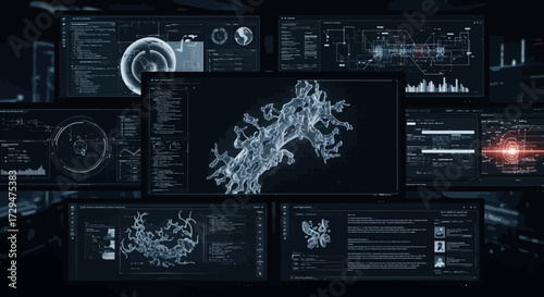 Advanced Scientific Research Data Visualization and Molecular Structure Analysis on Futuristic Digital Displays Showcasing Complex Scientific Information