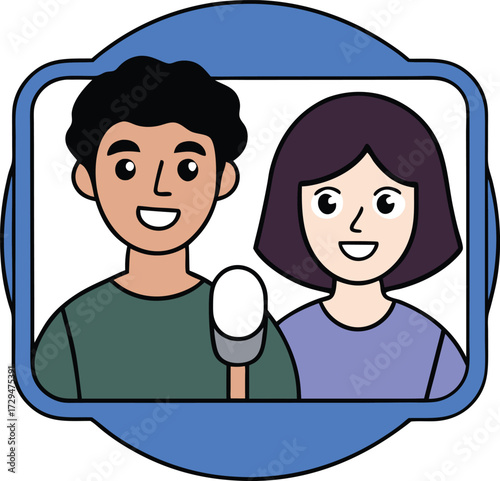 Two smiling cartoon people a man and a woman with a microphone between them suggesting a podcast or interview in a friendly and approachable style