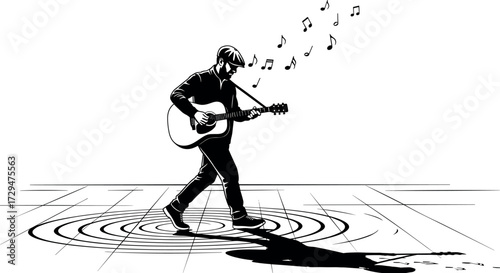Man Walking Playing Guitar with Musical Notes, Footprints, Shadow, Ripples, Black and White Artistic Vector for Music and Lifestyle Concept