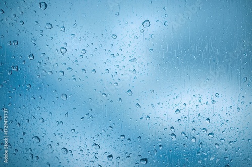Blue glass with fresh water droplets on a wet surface