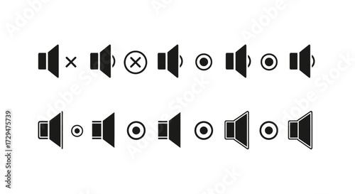 Set of audio icons representing volume control and mute functions in a user interface design