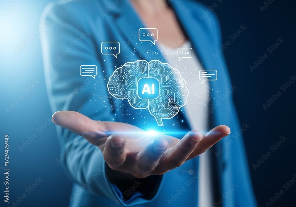 Fototapeta premium A female professional in a blue blazer holding a glowing AI brain hologram in her hand, symbolizing technology and innovation.