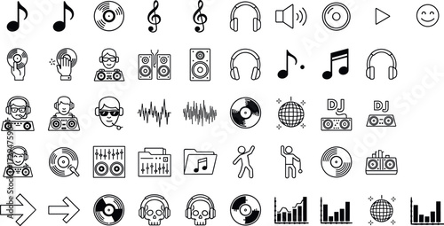 Music icons set with headphones, DJ turntables, sound waves, vinyl records, musical notes, speakers, and dancing figures in vector style