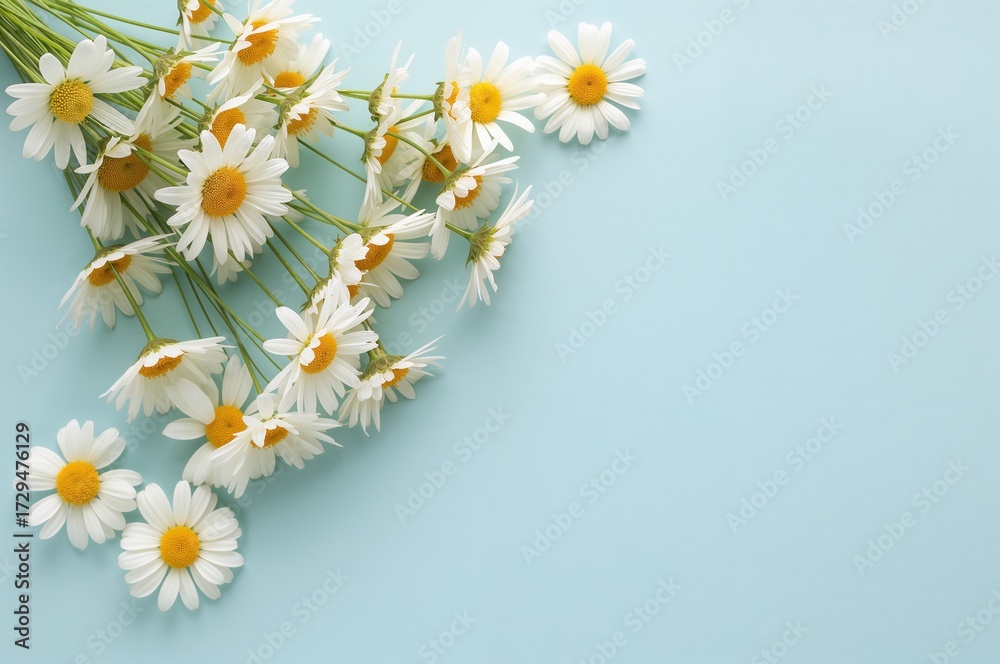 Obraz premium Arrangement of chamomile blossoms on a soft blue backdrop. Seasonal theme of spring and summer. Overhead perspective with space for text.