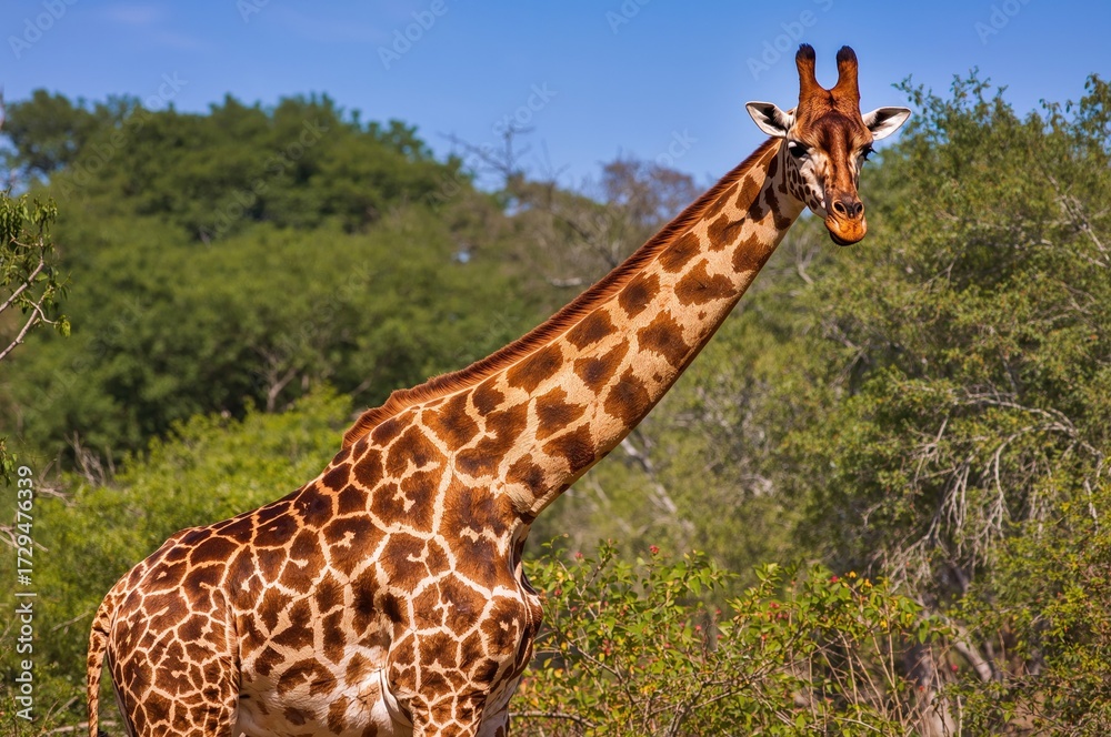 Naklejka premium Elegant giraffe displaying its brown hues in the wild