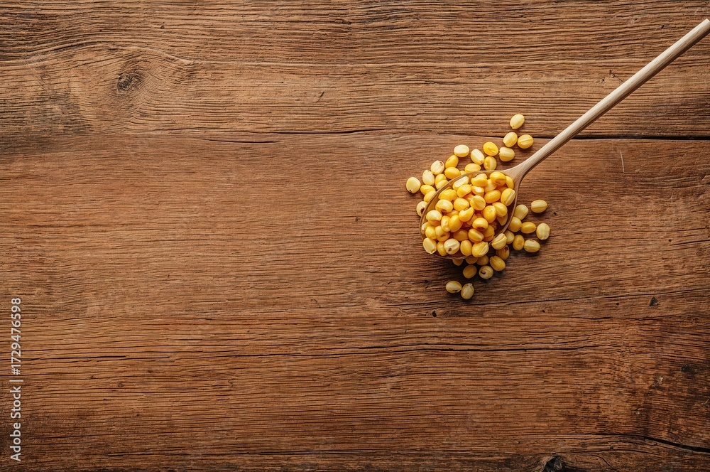 Fototapeta premium Spoonful of crispy fried corn resting on a rustic wooden surface with ample blank area