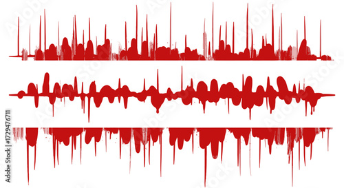 Abstract Sound Waveforms Representing Rhythmic Pulsations in Crimson Hues Across a White Canvas Demonstrating Audio Visualizations