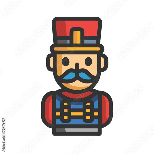 Wooden toy nutcracker, with a blue mustache, in a red uniform, in flat style.