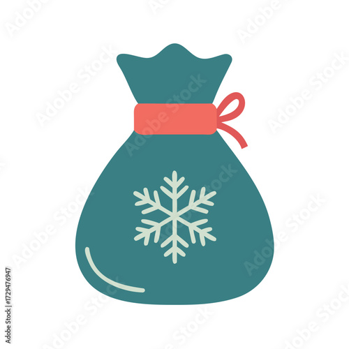 Vector icon of Santa’s festive bag with gifts and a snowflake.