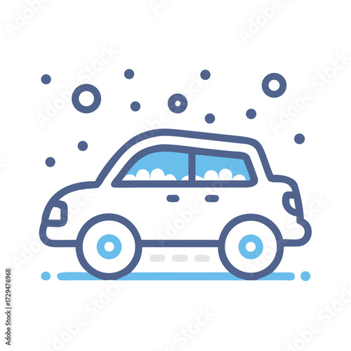 Winter car icon with snow and falling snow, vector, flat design.