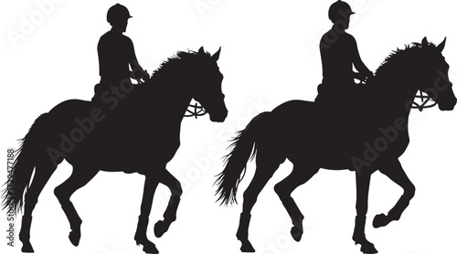 Two equestrian riders on horses in silhouette isolated on white background