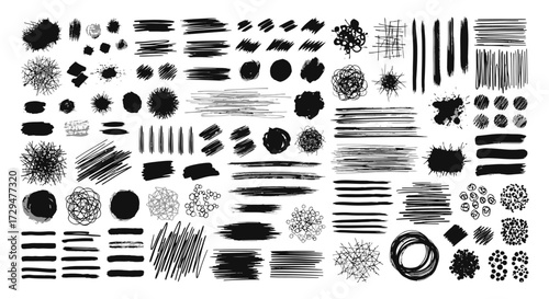 Collection of Hand Drawn Artistic Brush Strokes Splatters and Doodles for Creative Design Elements and Textures