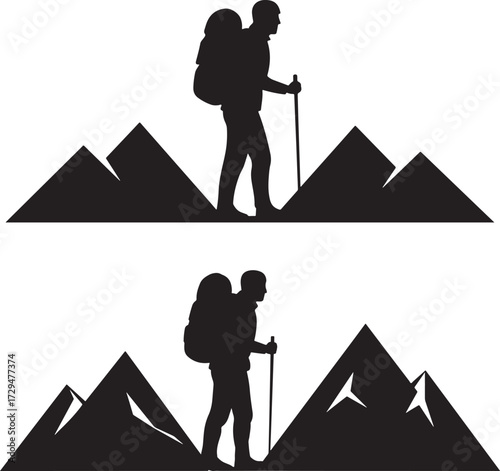 Silhouette of a hiker with backpack and trekking pole against mountain peaks isolated on white background silhouette