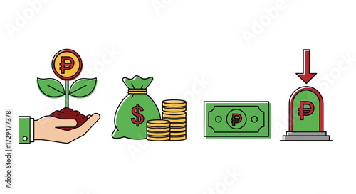Visual Representation of Financial Growth Investment and Monetary Flow Concepts Illustrated Through Iconography