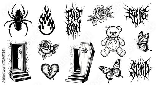 A Collection of Spooky and Gothic Inspired Illustrations Featuring Dark Imagery and Macabre Themes for Artistic Projects