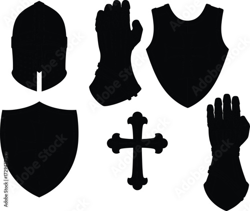 Medieval knight armor silhouette, crusader cross shield, gothic helmet, gauntlet glove, chivalry symbol, warrior protection, gothic heraldry, historical battle icon