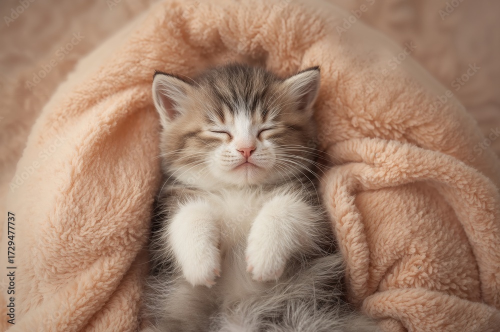 Fototapeta premium Cute little kitten lying on a soft blanket, viewed from the top.
