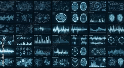 Digital Futuristic Medical Technology Displays Showing Brain Scans and Data Visualizations for Scientific Research and Diagnostics