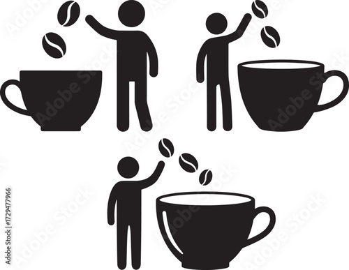 Three stylized human figures dropping coffee beans into cups silhouette isolated on white background