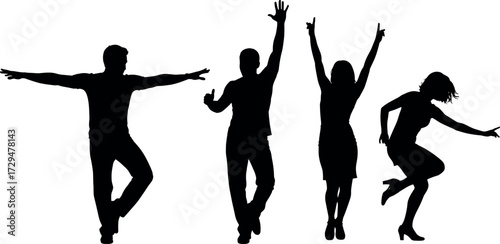 Energetic dancing silhouettes of people in dynamic poses expressing joy, movement, celebration, and freedom on a white background vector illustration.