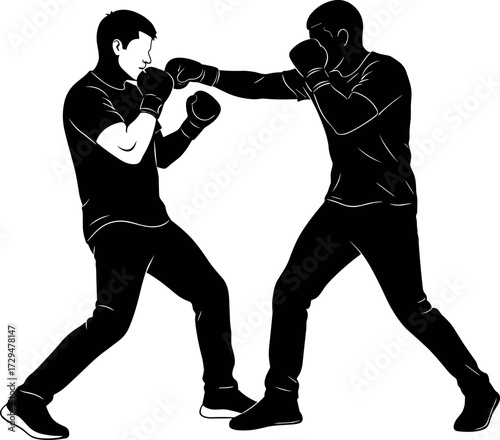 Silhouette boxing match between two fighters in action pose, sparring training concept, combat sport vector illustration for fitness content