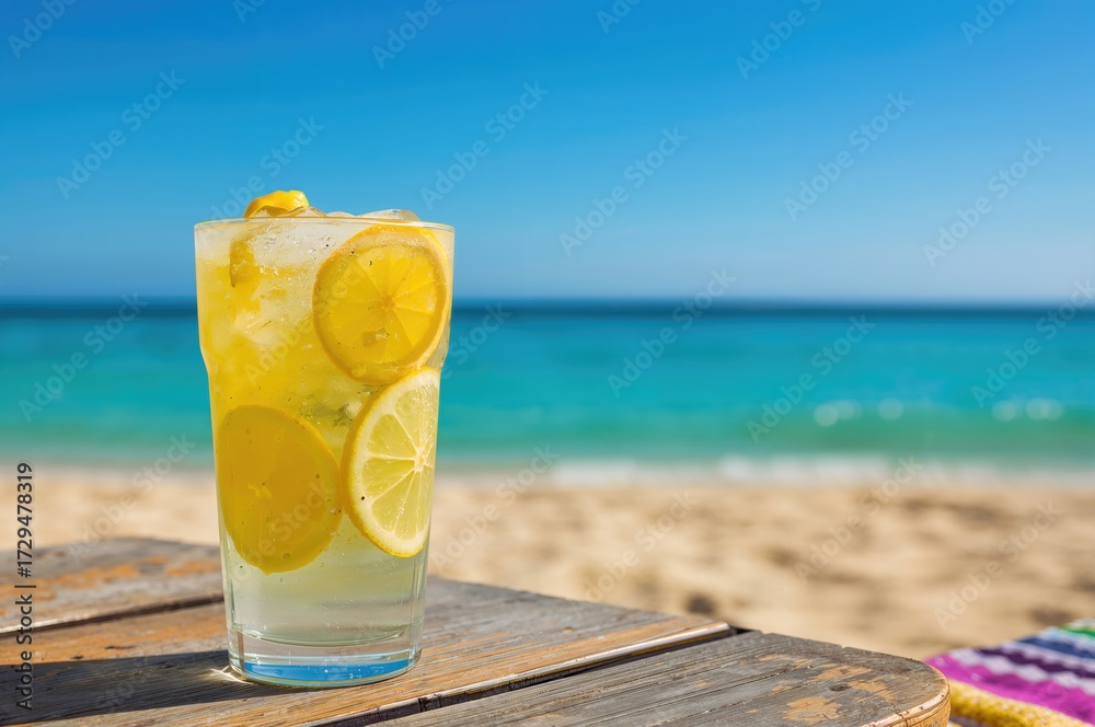 Obraz premium Refreshing lemon water served in a glass with citrus slices by the ocean shore. Concept of tropical summer beverages and holiday travel.