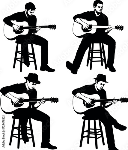 Silhouette guitar players sitting on stools in various poses, acoustic music performance vector set for musical art and design