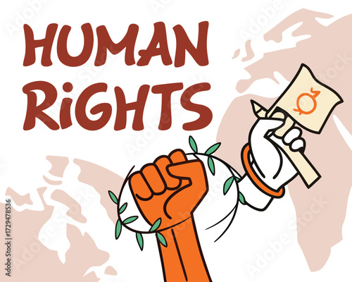 Illustration of human rights advocacy with raised fist and flag supporting gender equality on world map background