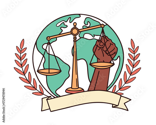 Global Justice and Equality Illustration with Raised Fist and Scales on Globe with Laurel Wreath Symbolism