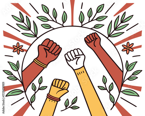 Diversity and unity raised fists illustration with floral elements and radial background for social justice empowerment
