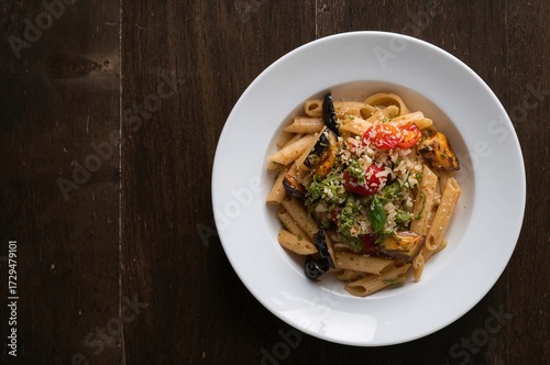 Penne pasta salad garnished...